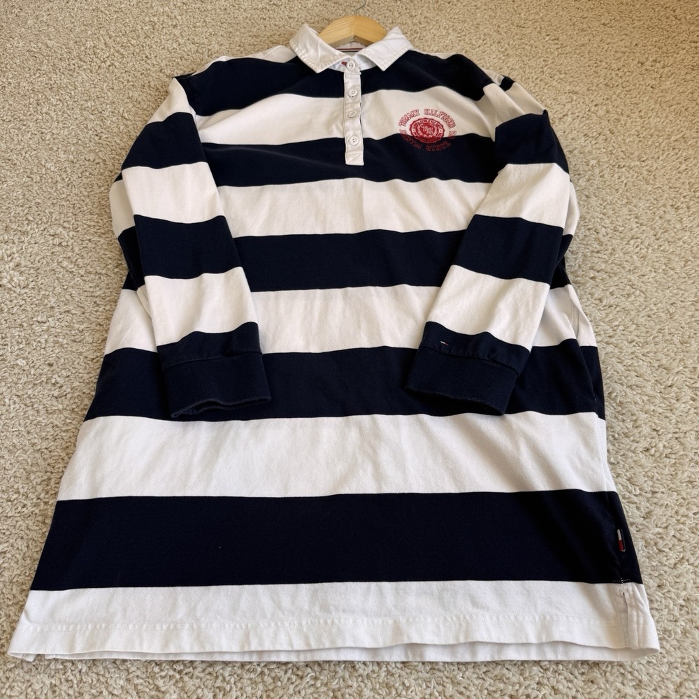 Tommy Hilfiger Denim Rugby Dress Women Large Navy Blue Striped Good Long Sleeve